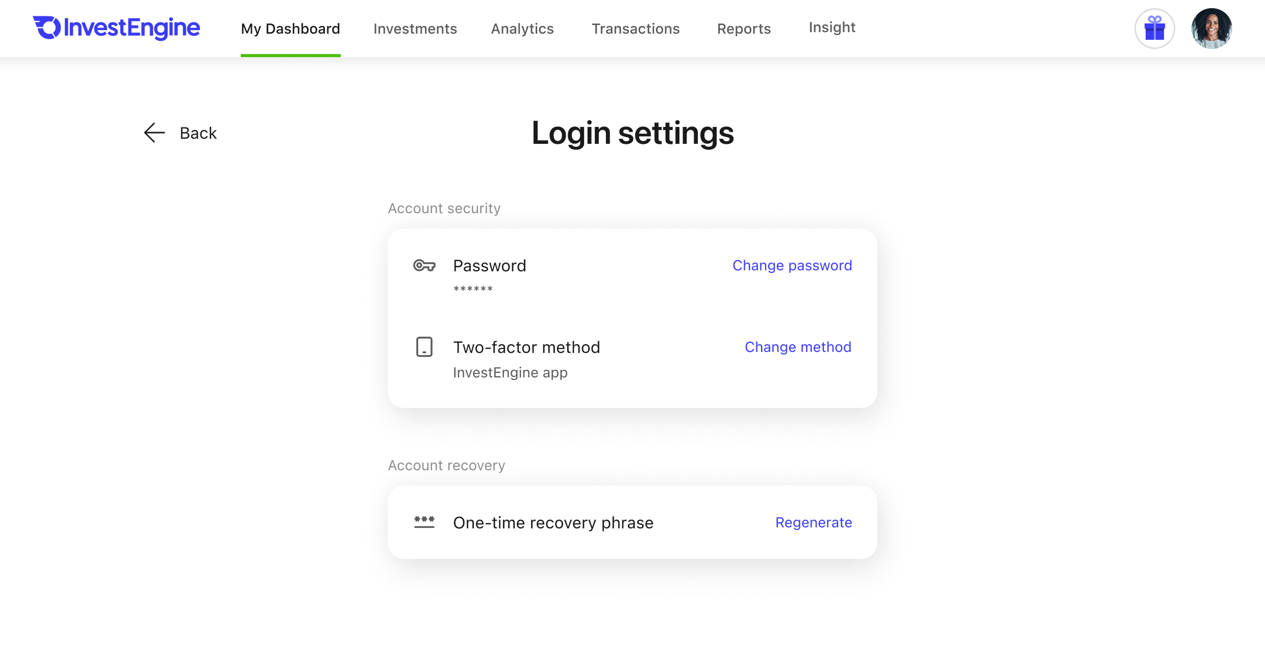 New login settings: Account security with password and two-factor method InvestEngine app, and Account recovery with a one-time recovery phrase