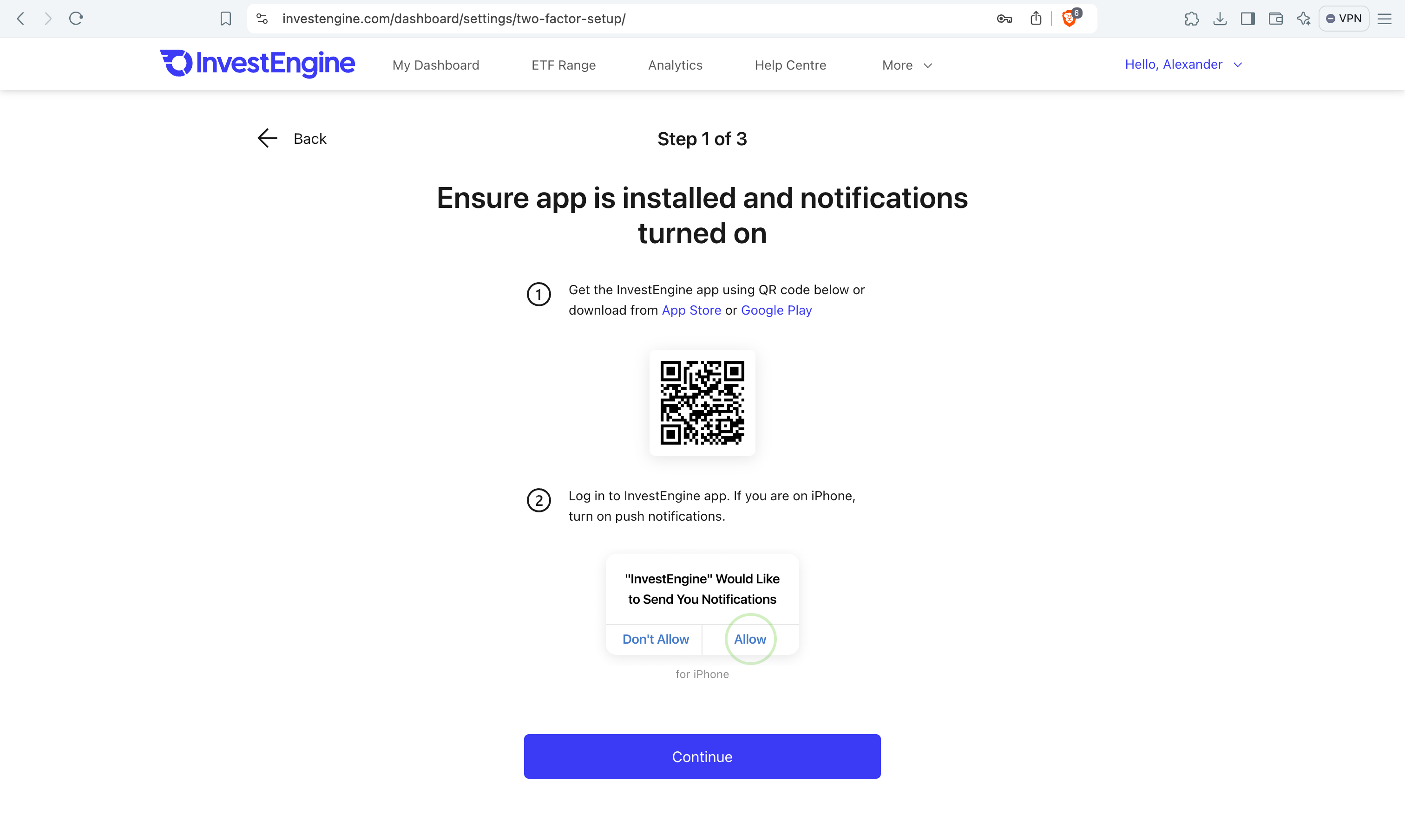 Original setup, step 1 of 3: ensure the InvestEngine app is installed and notifications are turned on