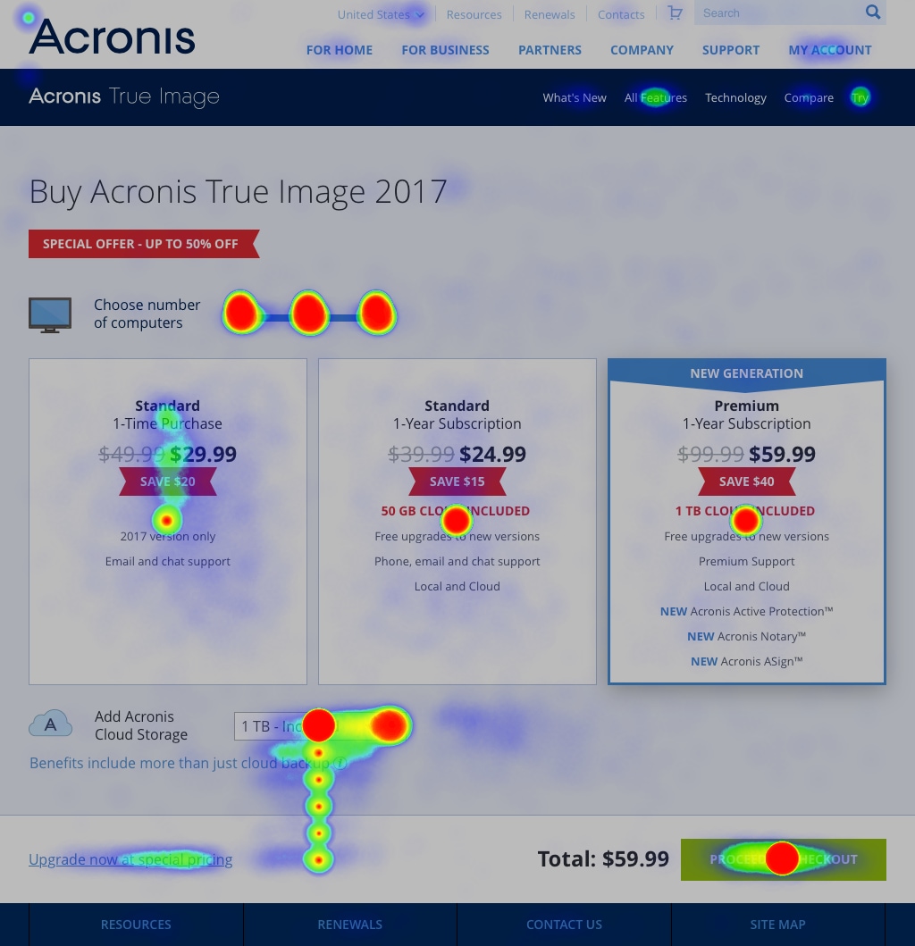 Heatmap of the Acronis True Image online shop showing clicks on the gigabyte figure
