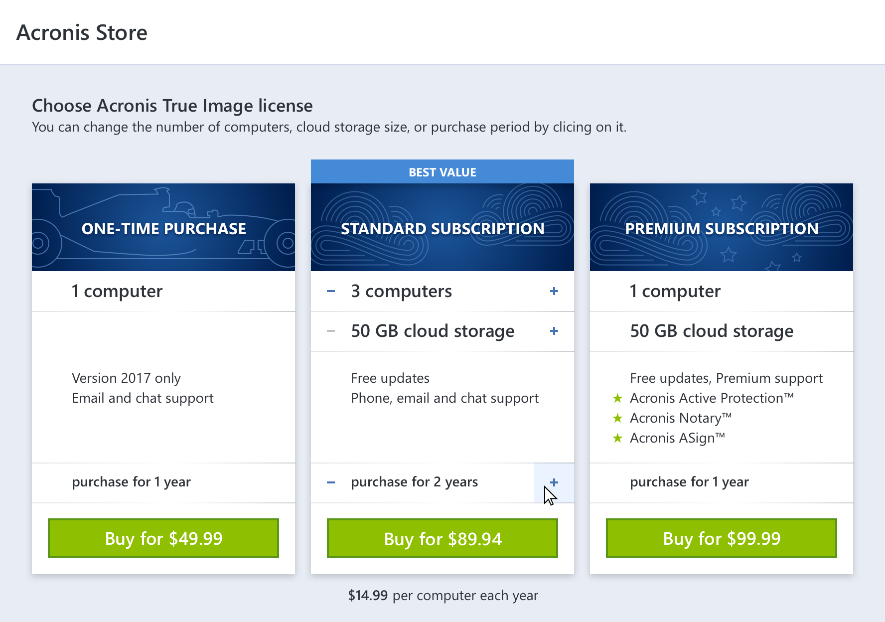 Acronis Store redesigned purchase page with the interactive card