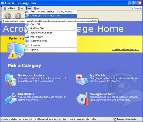 Acronis True Image interface, 2008
