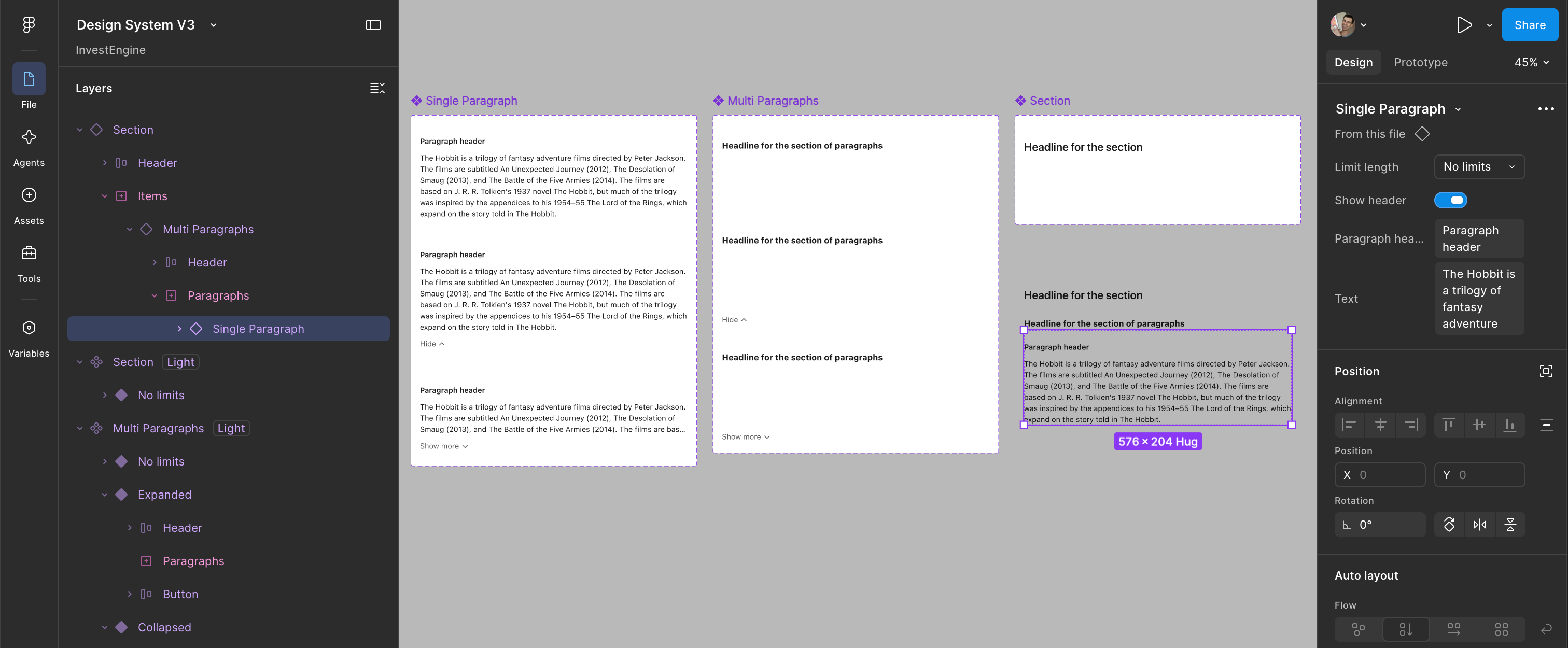 Файл Figma Design System V3 для InvestEngine: компоненты Single Paragraph, Multi Paragraphs и Section со встроенными отступами и панель свойств компонента