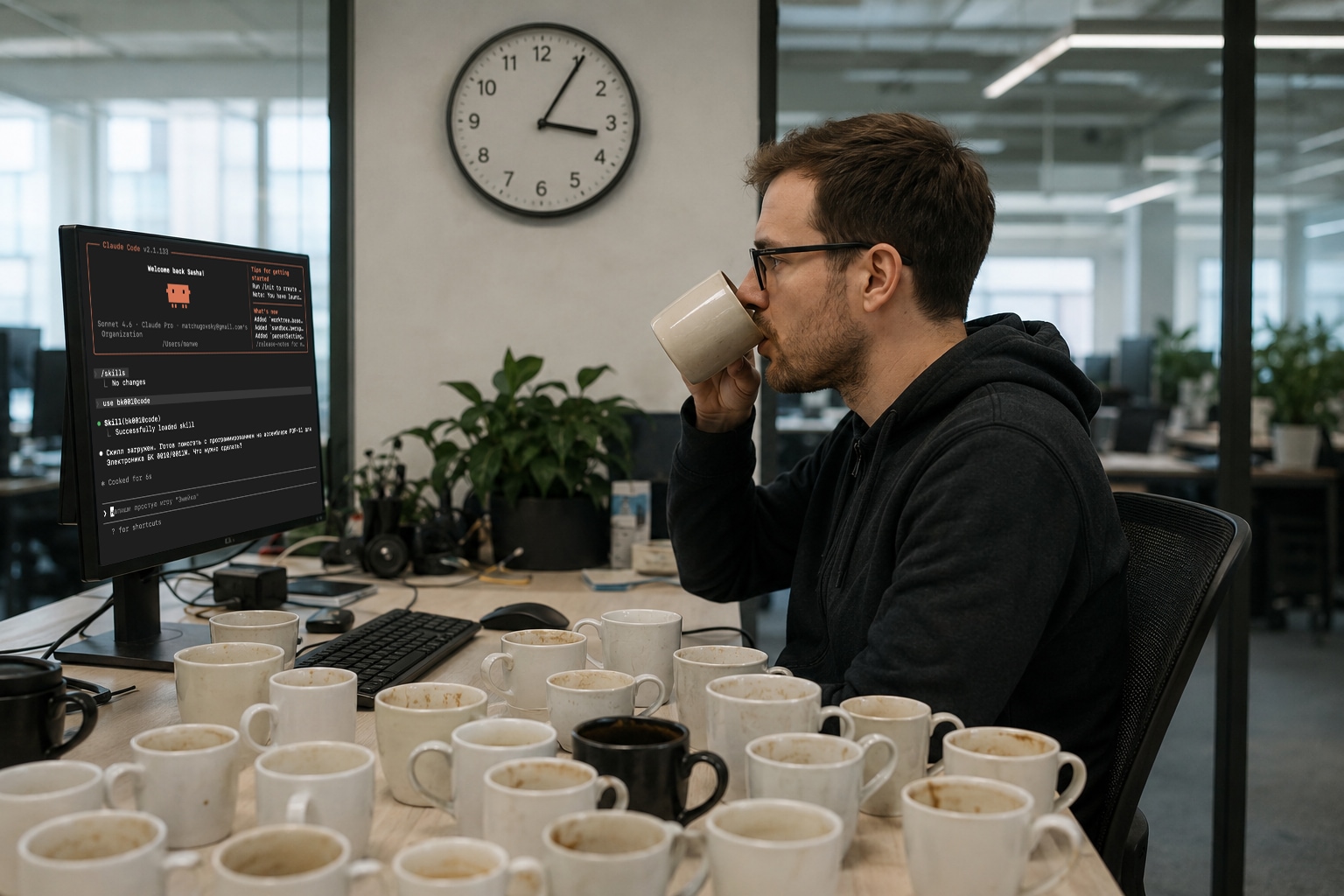 A man at an office desk drinking coffee, surrounded by dozens of empty cups, while Claude Code runs on the monitor