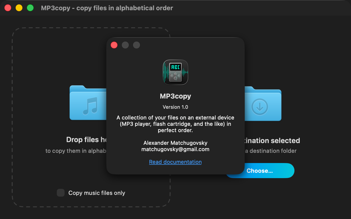 MP3copy About window over the empty main screen: app icon, version 1.0 and a link to the documentation