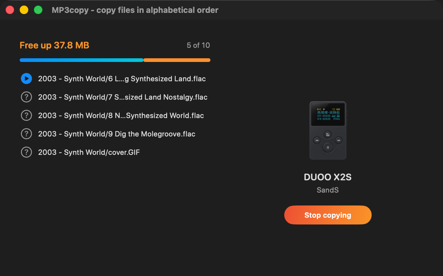 MP3copy warning that 37.8 MB must be freed up on the DUOO X2S player