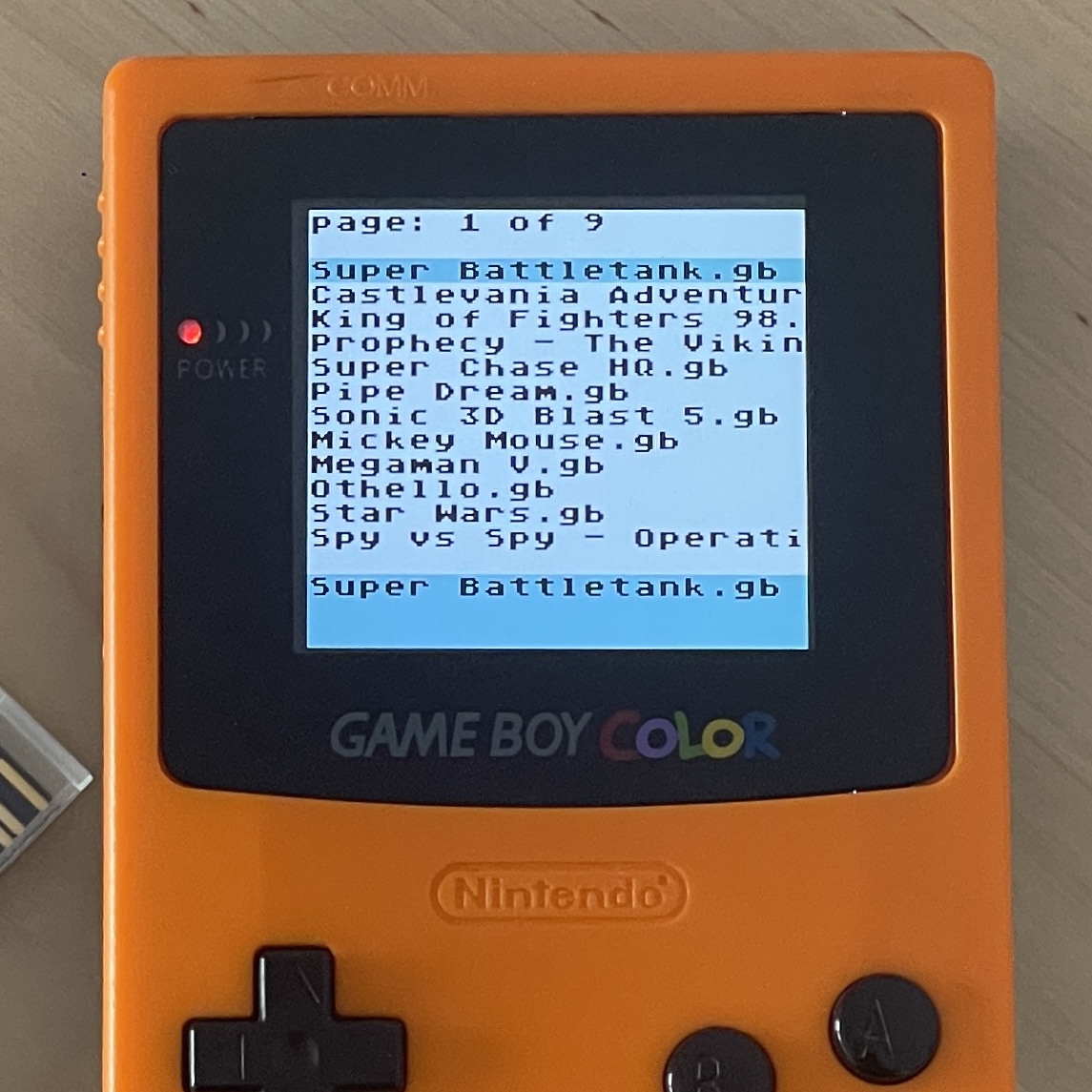 Game Boy Color showing the file list of a flash cartridge