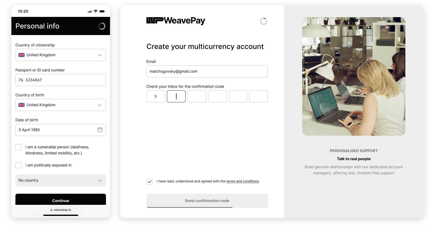Регистрация WeavePay после редизайна – мобильная, десктопная версии и персональная поддержка